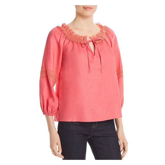 LE GALI Tops - LE GALI Womens Pink Lace Trim 3/4 Sleeve Tie Neck Top Size: XXL